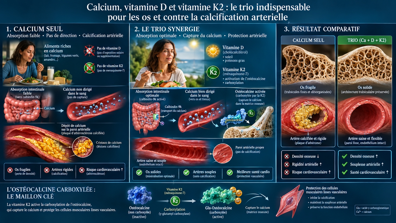 Visualiser la synergie calcium + vitamine D (absorption) + vitamine K2 (distribution osseuse) pour éviter la calcification artérielle parasite.