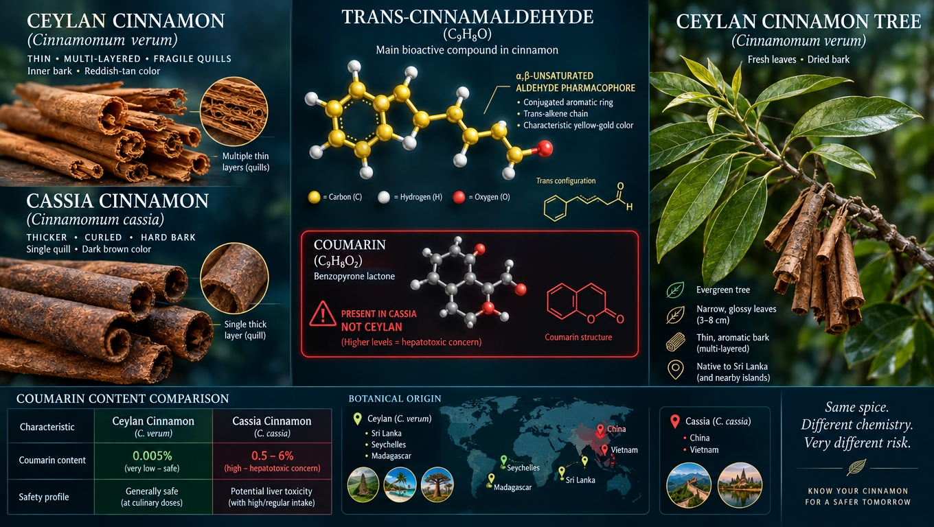 Vue botanique comparative Ceylan vs Cassia, structure du cinnamaldéhyde et alerte précise sur la coumarine hépatotoxique concentrée dans la Cassia.