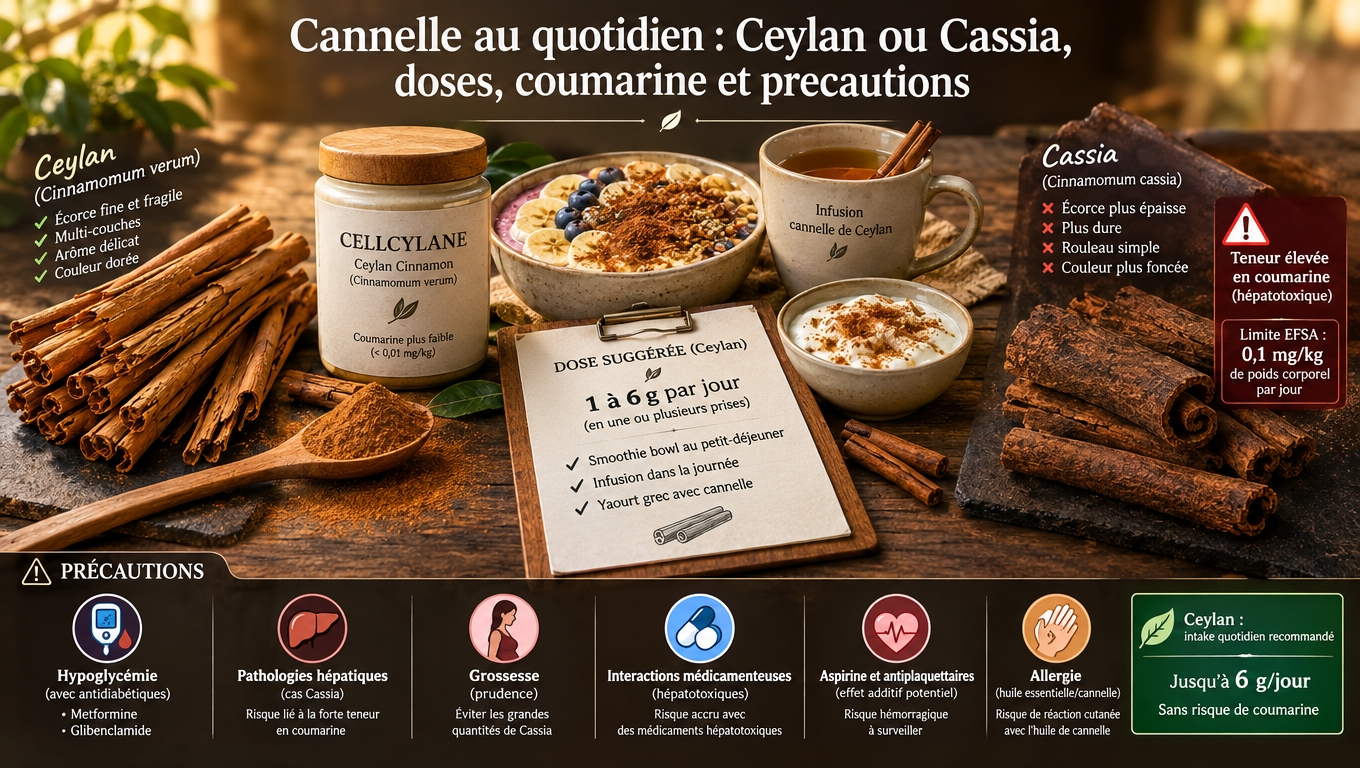 Vue pratique – choisir la Ceylan pour un usage quotidien, limiter la Cassia en raison de la coumarine ; posologies validées 1‑6 g/jour et précautions face aux anti‑diabétiques.