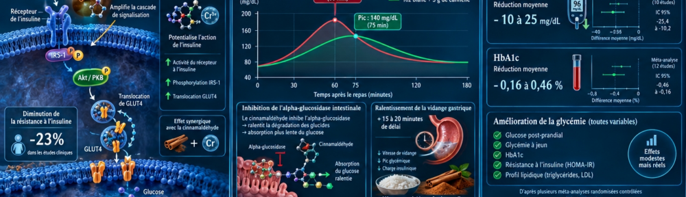 infographie split‑screen cinéma. Panneau gauche – Sensibilité à l'insuline : membrane cellulaire avec récepteur à insuline IRS‑1 phosphorylé, représentation de l'amplification du signal insulinique par le cinnamaldéhyde (Akt/PKB → AS160 → translocation GLUT4 à la membrane) ; résultat chiffré : diminution de la résistance à l'insuline d'environ ‑23 % dans la méta‑analyse de Leach 2012, n = 492 (mesurée HOMA‑IR) ; parallèle avec le mécanisme chrome picolinate (récepteur nicotinique, augmentation des récepteurs IRS‑1) ; cinnamaldéhyde augmente aussi l'expression PPARγ (effet mimétique thiazolidinedione léger, sans l'effet indésirable de prise de poids). Panneau central – Pic post‑prandial : graphique de la glycémie capillaire : (a) repas de riz blanc seul : pic aigu ≈ 180 mg/dL à 60 min, retour à 110 mg/dL à 120 min ; (b) même repas + 3 g cannelle : pic atténué ≈ 140 mg/dL à 75 min, retour 100 mg/dL à 120 min. Mécanismes : inhibition intestinale α‑glucosidase (rivalise avec l'acarbose) réduisant la vitesse d'absorption glucidique ; léger retard de vidange gastrique (~ 15‑20 min) ; augmentation du transporteur SGLT1, GLUT2 apical. Panneau droit – Méta‑analyses : tableau récapitulatif – glycémie à jeun entre ‑10 et ‑25 mg/dL (effect size ‑0,49 mmol/L, Allen 2013, n = 740) ; HbA1c ‑0,16 à ‑0,46 % (Cochrane 2012 + Costello 2020, 16 essais, n = 1 035) ; HOMA‑IR ‑0,6 à ‑1,3 ; effets modestes mais réels ; variabilité selon la durée, la dose et la variété de cannelle utilisée. Bandeau bas – Stress oxydatif : le cinnamaldéhyde nettoie les AGE (Advanced Glycation End‑products) et réduit MDA (lipide peroxydation) ; parallèle avec la carnosine (anti‑glycation) et la berbérine (chaîne inflammatoire induite par la glycation).