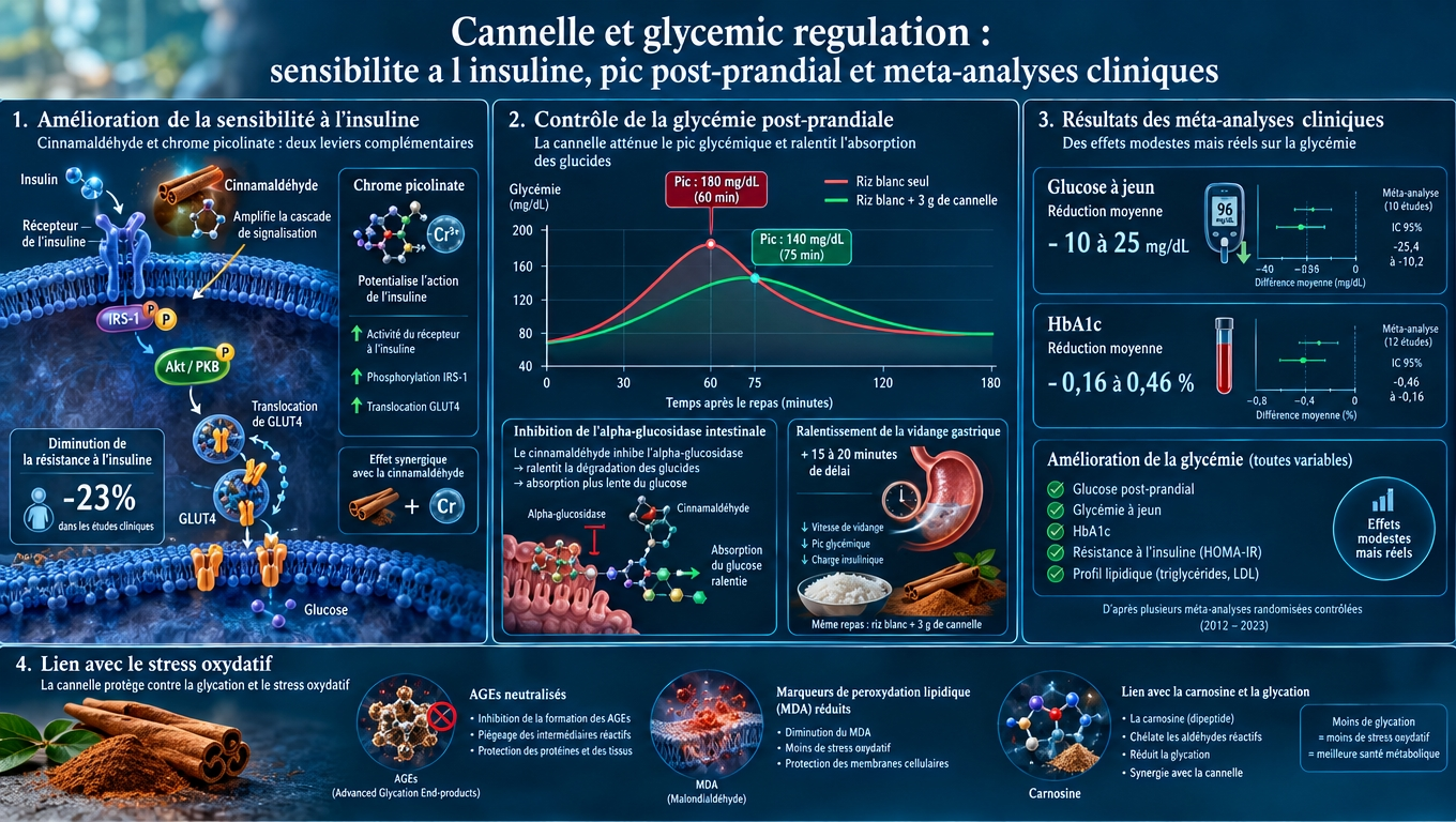 Triple mécanisme – insulino‑sensibilisant, ralentisseur du pic post‑prandial, méta‑analyses confirment un effet cliniquement pertinent sur la glycémie à jeun et l'HbA1c.