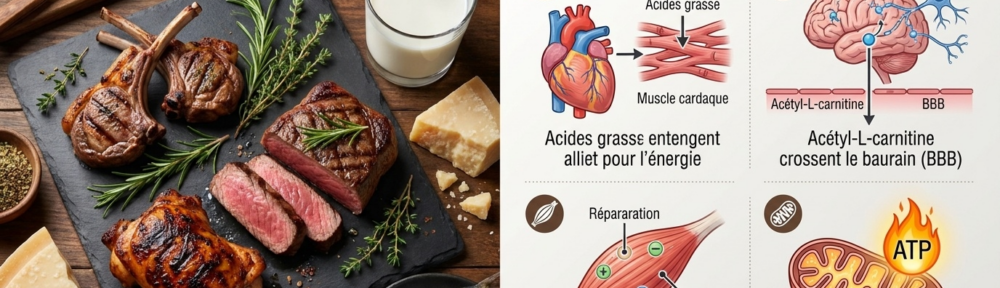 Composition éditoriale hyper‑réaliste combinant un flat‑lay gastronomique d'aliments riches en L‑carnitine (côtelettes d'agneau grillées aux herbes, steak de bœuf tranché, cuisse de poulet dorée, filets de sardine, lait entier, morceaux de parmesan affiné) sur ardoise et planche rustique, associée à une section scientifique illustrant les bénéfices cardiaques, cognitifs (acétyl‑L‑carnitine traversant la BHE), la récupération musculaire et la production mitochondriale d'ATP.