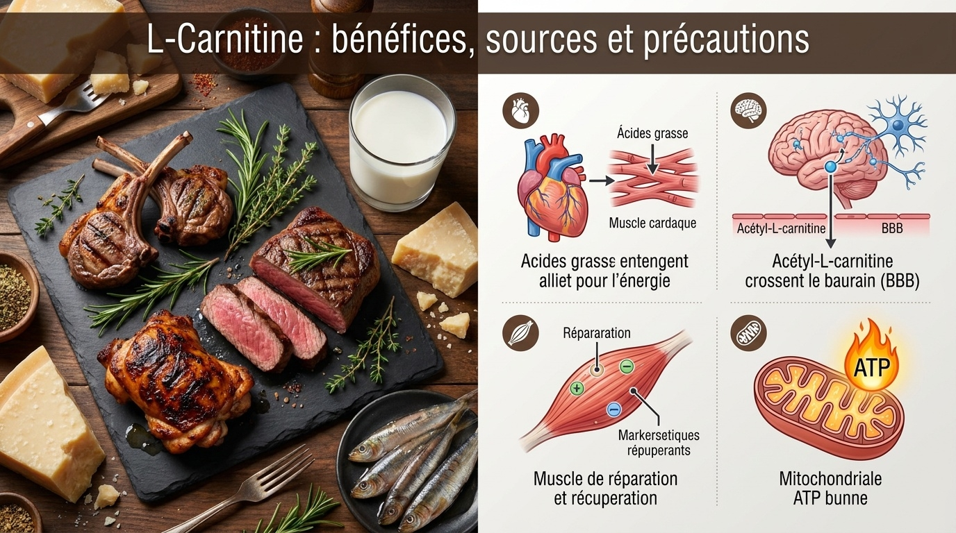 Vue combinée des sources alimentaires majeures de L‑carnitine (viande rouge, volaille, poisson, produits laitiers) et des principaux bénéfices étudiés : fatigue à l'effort, fonction cardiaque, cognition (acétyl‑L‑carnitine) et récupération musculaire.