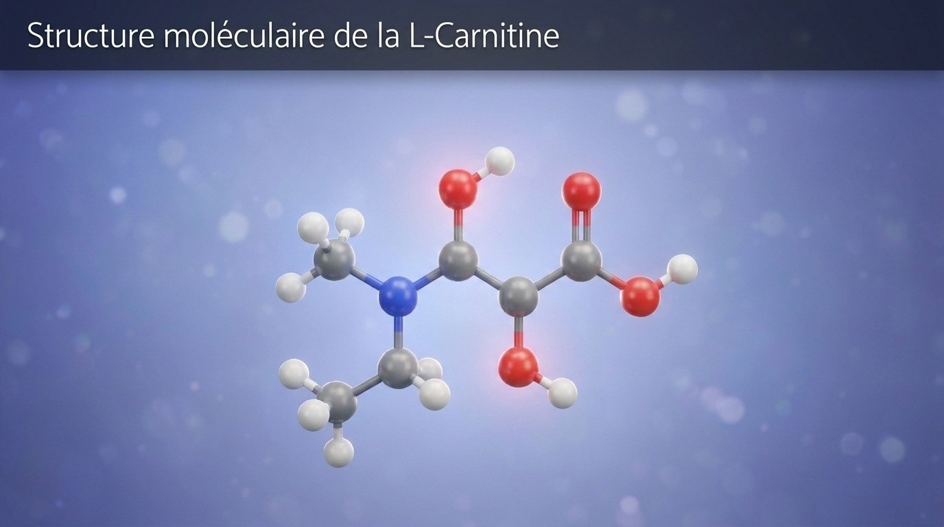 Représentation scientifique détaillée de la L‑carnitine, molécule transporteuse synthétisée par le foie et les reins à partir de la lysine et de la méthionine.
