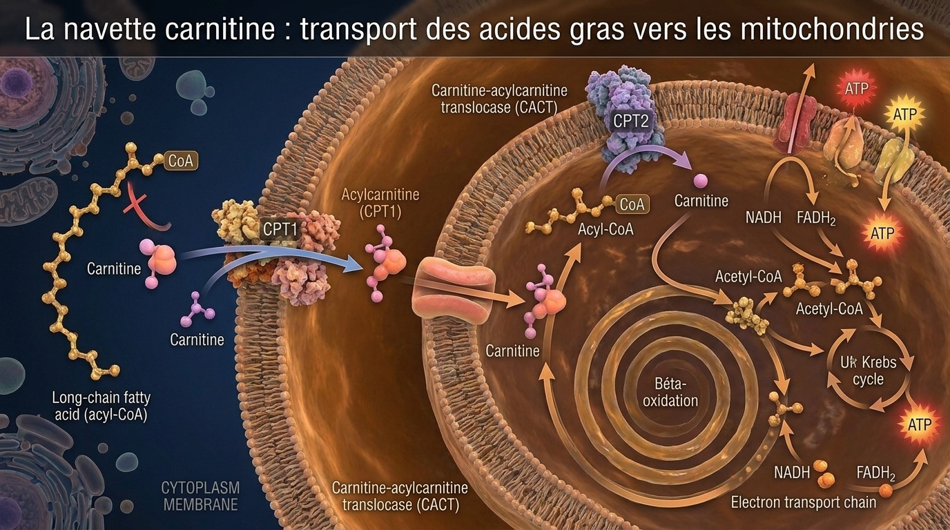 Schéma détaillé du mécanisme de transport des acides gras vers la matrice mitochondriale grâce à la navette carnitine en trois étapes enzymatiques successives.