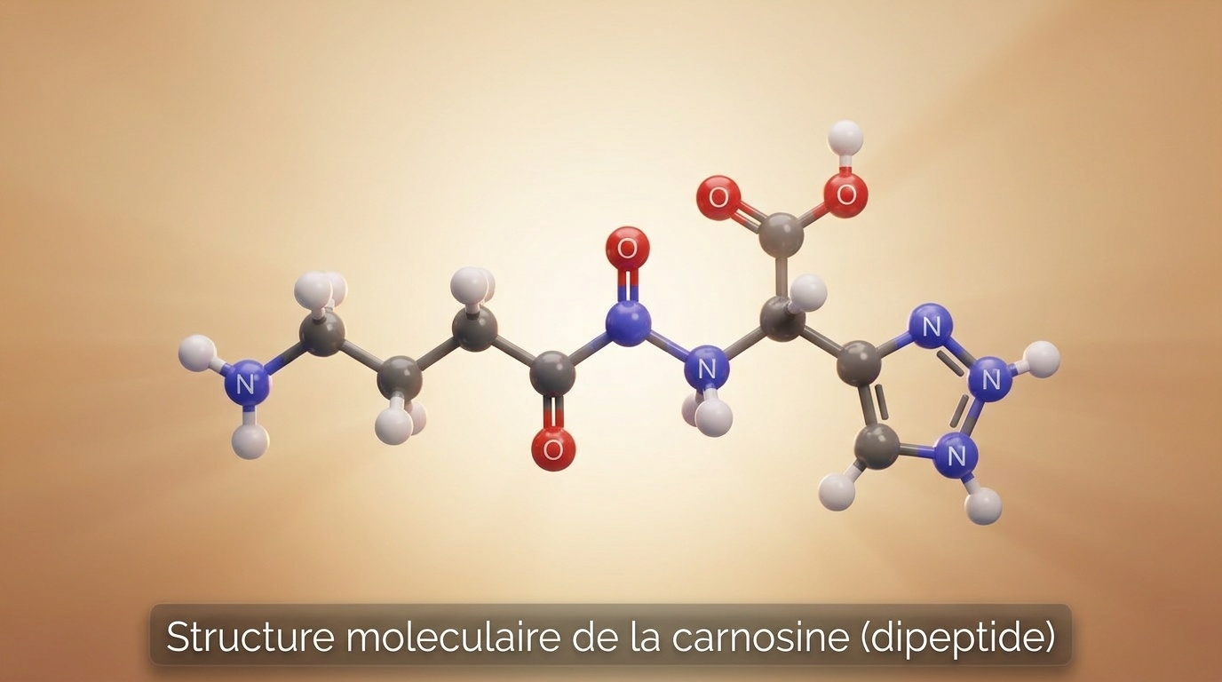 Représentation scientifique détaillée de la carnosine — petit dipeptide naturel (deux résidus seulement) pourtant majeur dans la protection des protéines structurelles contre la glycation, avec son cycle imidazole caractéristique qui joue le rôle de piège à groupes carbonylés réactifs.