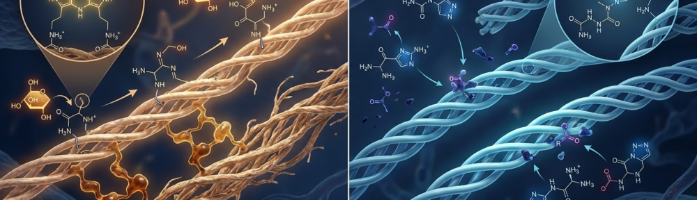 Illustration médicale hyper-réaliste comparative : à gauche, glycation progressive d'une fibre de collagène avec accumulation des AGE (Advanced Glycation End-products) irréversibles et rigidification ; à droite, protection par la carnosine qui intercepte les composés carbonylés réactifs avant qu'ils n'altèrent le collagène sain.