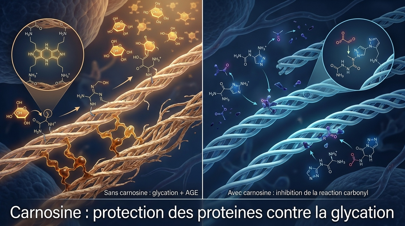 Comparaison visuelle-chimiologique explicite du mécanisme « anti-glycant » central de l'article : sans carnosine, le collagène (principale protéine structurelle du corps humain) accumule des pontages irréversibles entre triples hélices, piégeant rigidité et coloration brunâtre — un phénomène qui rigidifie les vaisseaux et la peau ; avec carnosine, les composés carbonylés réactifs sont interceptés dès leur formation par le cycle imidazole du dipeptide, préservant l'architecture native des fibres.