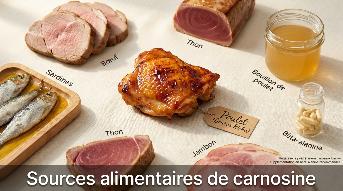 Composition culinaire top-down des principaux aliments pourvoyeurs de carnosine — la volaille (en particulier la cuisse pourvue de sa peau) et le bœuf en tête du podium, suivis du thon, du jambon, des sardines et du bouillon d'os — avec rappel documentaire de l'absence de carnosine dans les sources végétales et des stratégies de supplémentation alternatives (bêta-alanine notamment).