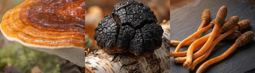 Composition triptyque éditoriale présentant les trois principaux champignons médicinaux de la pharmacopée chinoise traditionnelle : Reishi (Ganoderma lucidum), Chaga (Inonotus obliquus) et Cordyceps (Ophiocordyceps sinensis), chacun avec ses caractéristiques morphologiques distinctives.