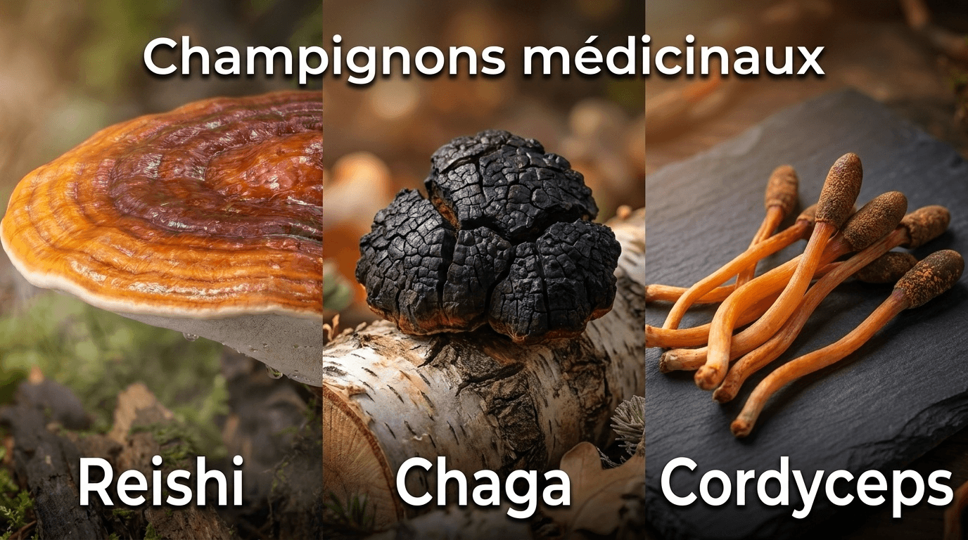 Vue d'ensemble harmonieuse des trois champignons médicinaux emblématiques de la médecine traditionnelle chinoise et de la médecine intégrative moderne, présentés ensemble pour faciliter leur comparaison visuelle.