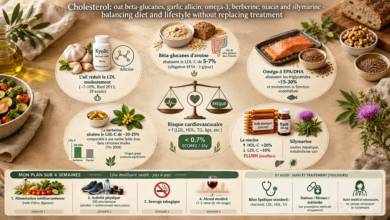 avoine, ail, saumon, berbérine, niacine, silymarine et mode de vie — cinq leviers nutritionnels pour équilibrer son profil lipidique, en complément du suivi médical.