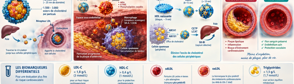 infographie cardiologique éditoriale sur fond crème-bleu-acier ; composition horizontale en quatre panneaux — 1) extrême gauche : particule d'ApoB-100 (LDL ≈ 25 nm de diamètre, 1500-3000 esters de cholestérol), transport du cholestérol du foie vers les cellules périphériques via endocytose au récepteur LDL, légende « LDL : foie → périphérie » ; 2) centre-gauche : espace sous-endothélial où la particule LDL native devient oxydée (MDA, 4-HNE, phospholipides oxydés) — légende « LDL oxydé » — reconnue par les récepteurs « éboueurs » SR-A / CD36 des macrophages formant les « cellules spumeuses » (foam cells), accumulation lipidique générant progressivement la plaque d'athérome ; 3) centre-droite : particule HDL de transport inverse (ApoA-I, ≈ 25 nm à l'état naissant discoïdal, 8-13 nm HDL₃/HDL₂ mature) captant l'excès de cholestérol des cellules spumeuses via ABCA1/ABCG1, retour vers le foie via SR-BI et la voie CETP/LCAT, légende « HDL : périphérie → foie » ; 4) extrême droite : coupe d'une lumière artérielle avec plaque d'athérome vs coupe artérielle saine, mention « protection vasculaire » ; bandeau central biomarqueurs — LDL-C < 1,8 g/L (3 mmol/L) pour risque CV élevé, HDL-C > 0,4 g/L (1 mmol/L), small dense LDL et oxLDL biomarqueurs prédictifs plus fins, triglycérides < 1,5 g/L (1,7 mmol/L) ; bandeau bas mini-graphique comparaison « événements CV corrélés au LDL oxydé plutôt qu'au LDL-C seul ».
