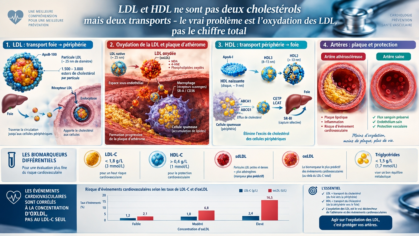 LDL et HDL sont des véhicules de transport du cholestérol — l'oxydation du LDL dans la paroi artérielle est ce qui initie réellement la plaque d'athérome.