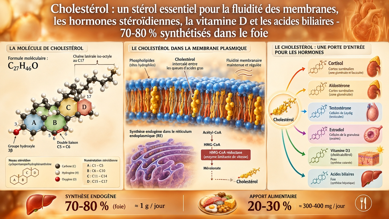 stérol C₂₇H₄₆O intercalé dans les membranes, précurseur des hormones stéroïdiennes, de la vitamine D et des acides biliaires — le cholestérol produit par notre foie est indispensable à toutes nos cellules.
