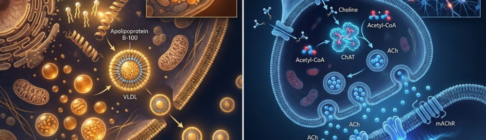 Illustration médicale hyper-réaliste du double rôle biologique de la choline : à gauche, transport VLDL et exportation des triglycérides depuis l'hépatocyte évitant la stéatose hépatique ; à droite, synthèse d'acétylcholine dans les neurones pyramidaux hippocampiques et transmission cholinergique à la mémoire.