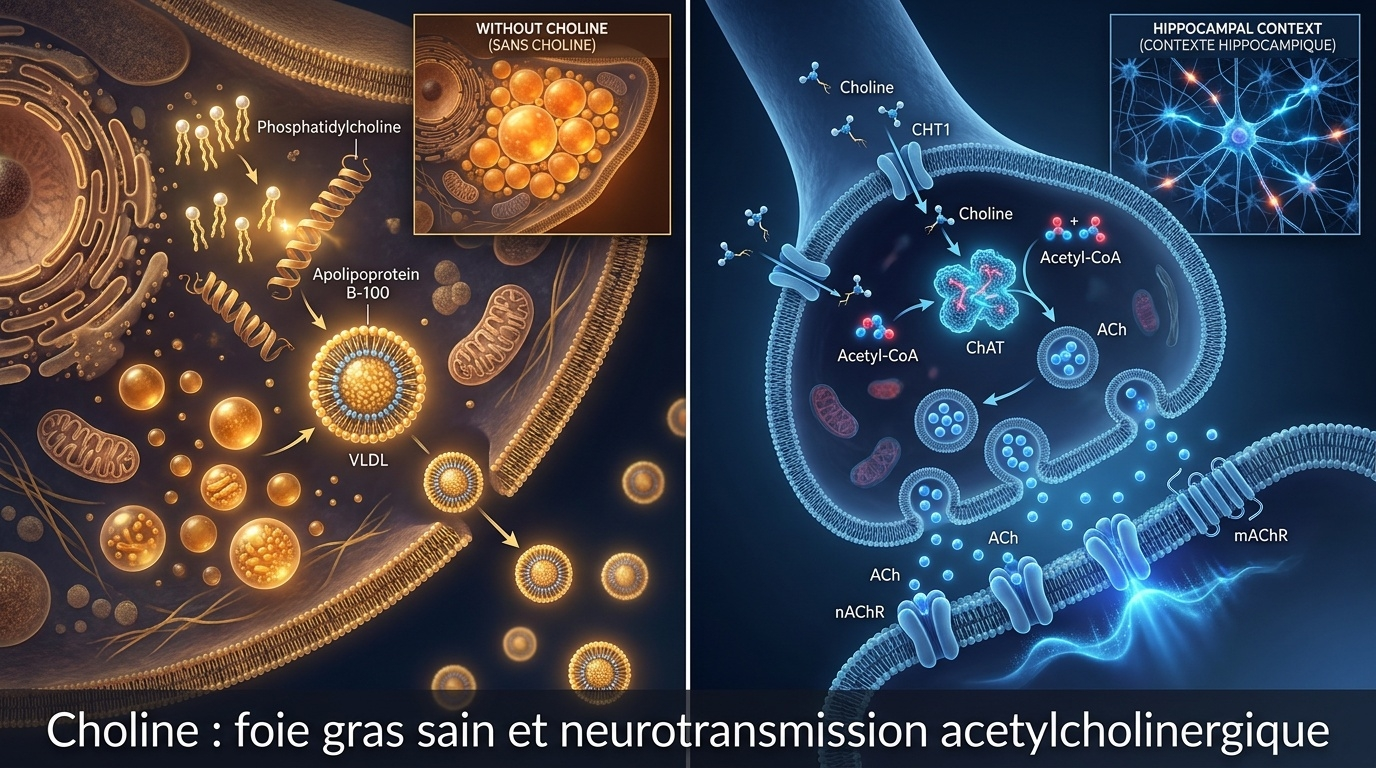  Schéma médiatico-scientifique bi-tissulaire illustrant les deux usages cellulaires distincts de la choline : (1) hépatique — assemblage des lipoprotéines VLDL permettant l'exportation des triglycérides nouvellement synthétisés hors du foie (à défaut : accumulation de graisse intracellulaire → stéatose réversible) ; (2) cérébral — synthèse d'acétylcholine par les neurones cholinergiques hippocampiques, neurotransmetteur critique pour la mémoire, l'apprentissage et la contractibilité neuromusculaire.