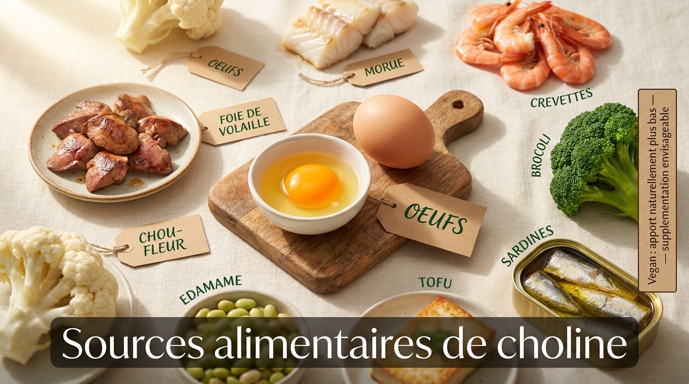 Composition culinaire top-down des meilleures sources alimentaires de choline, dominée par l'œuf (en particulier le jaune d'œuf de pâturage, champion à ~680 mg/100 g), suivi du foie, des poissons et fruits de mer (morue, crevettes, sardines), du soja/edamame, du tofu, des crucifères (brocoli, chou-fleur) — avec rappel documentaire de l'apport naturellement plus modeste dans les régimes végétaliens/végétariens stricts.
