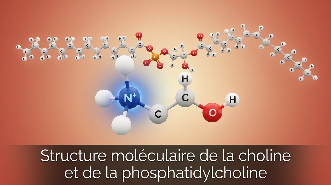 Représentation scientifique détaillée de la choline et de son dérivé biologique majeur, la phosphatidylcholine — phospholipide amphiphile représentant l'un des constituants les plus abondants des membranes cellulaires humaines et l'élément de structure essentielle pour la construction des lipoprotéines VLDL d'exportation des triglycérides.