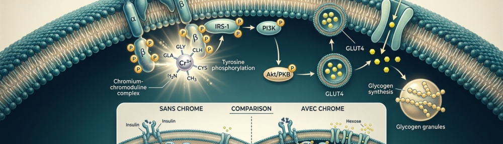 Illustration médicale hyper-réaliste du mécanisme d'amplification du signal insulinique par le chrome dans une cellule périphérique : liaison insulin-récepteur, recrutement du complexe chromoduline amplifiant la phosphorylation, activation d'IRS-1/PI3K/Akt, translocation de GLUT4 à la membrane et entrée accrue de glucose
