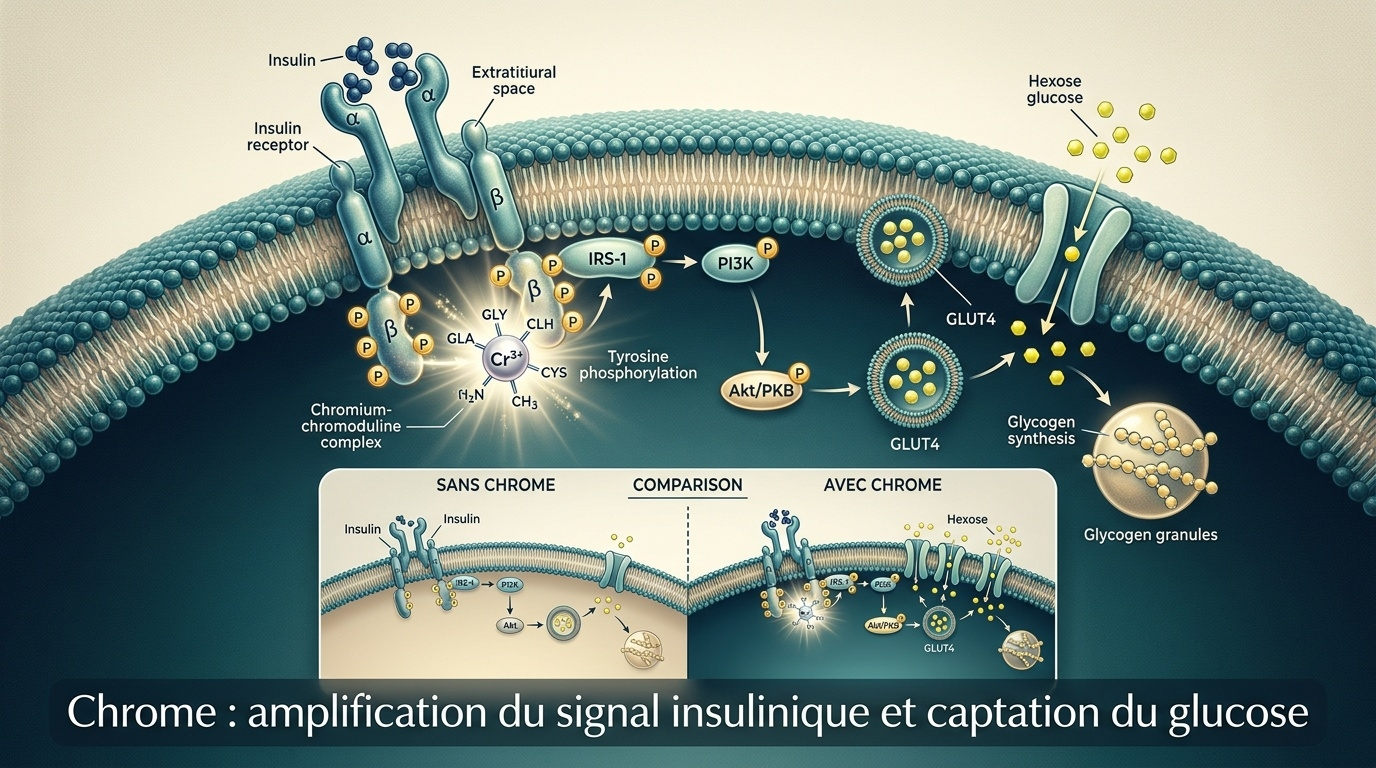  Schéma médiatico-scientifique illustrant l'hypothèse centrale évoquée dans l'article selon laquelle le chrome (via la chromoduline) amplifie l'activité tyrosine kinase du récepteur à l'insuline, potentialisant la phosphorylation d'IRS-1, l'activation d'AKT/PKB et finalement la translocation des transporteurs GLUT4 à la membrane plasmique — augmentation résultante de l'entrée de glucose dans les cellules musculaires et adipocytaires.