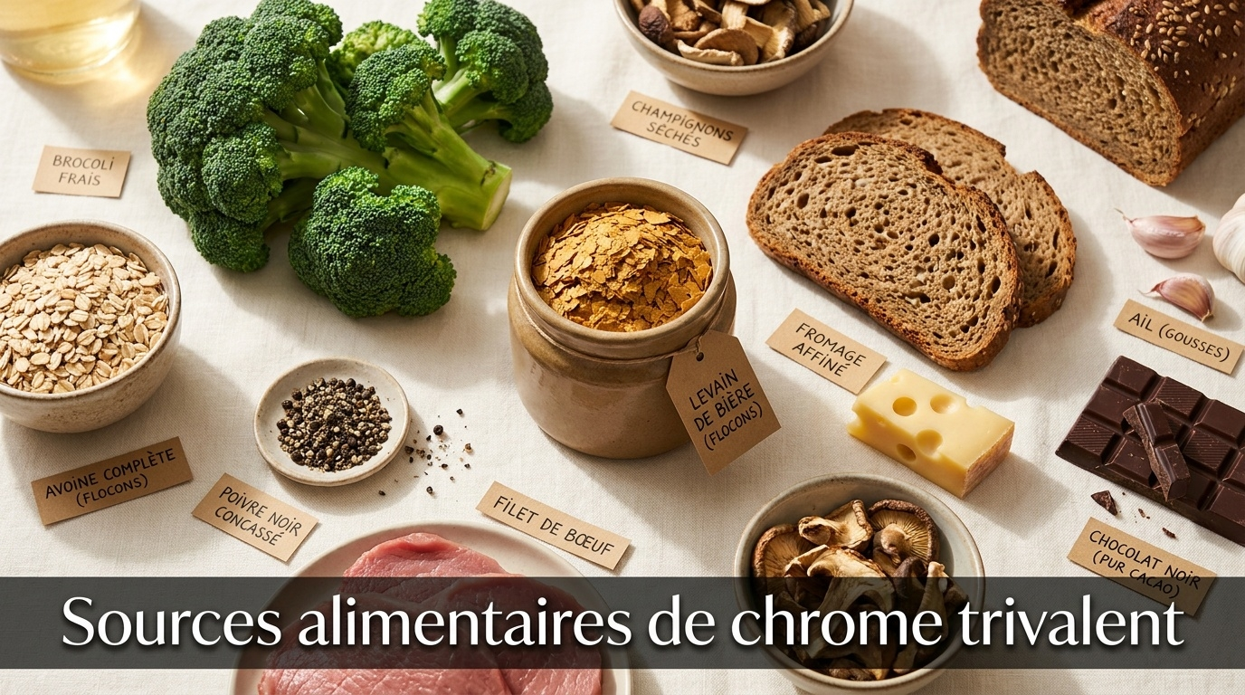  Composition culinaire top-down des meilleures sources alimentaires de chrome trivalent, dominée par la levure de bière (champion toutes catégories), suivie des brocolis, des céréales complètes (avoine, seigle), des produits laitiers et fromages affinés, des viandes, des champignons, du poivre noir et du cacao/chocolat noir — couverture alimentaire large mais à concentration variable selon la qualité des sols et les procédés de transformation.