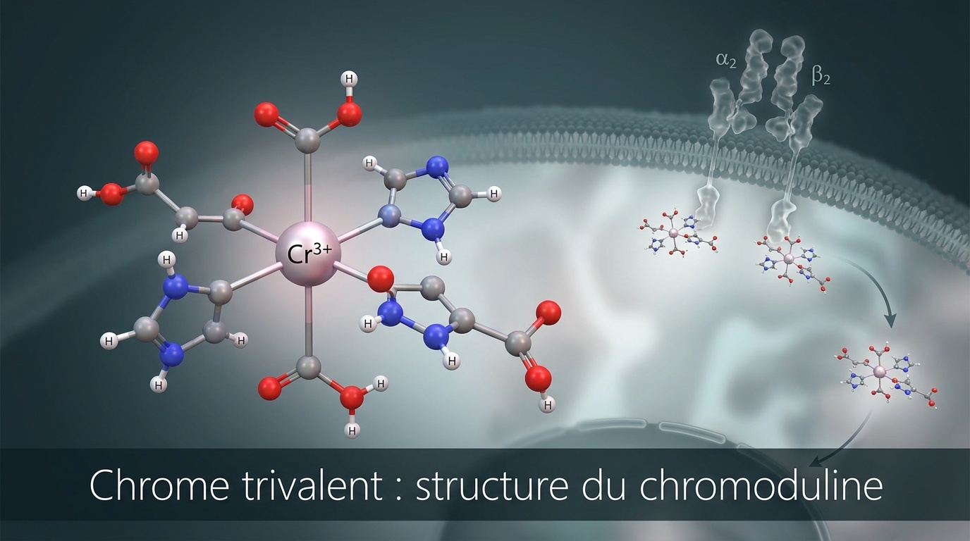 Représentation scientifique détaillée du chrome trivalent Cr³⁺ et de son complexe biologique le chromoduline — oligopeptide de bas poids moléculaire qui potentialiserait la signalisation du récepteur de l'insuline et expliquerait les effets métaboliques modestes documentés dans la littérature sur la glycémie.