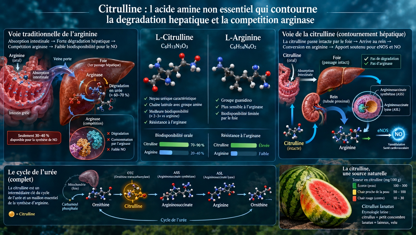 Comparaison moléculaire L‑arginine/L‑citrulline et démonstration du shunt rénal qui permet à la citrulline de contourner la clairance hépatique et la compétition arginase.
