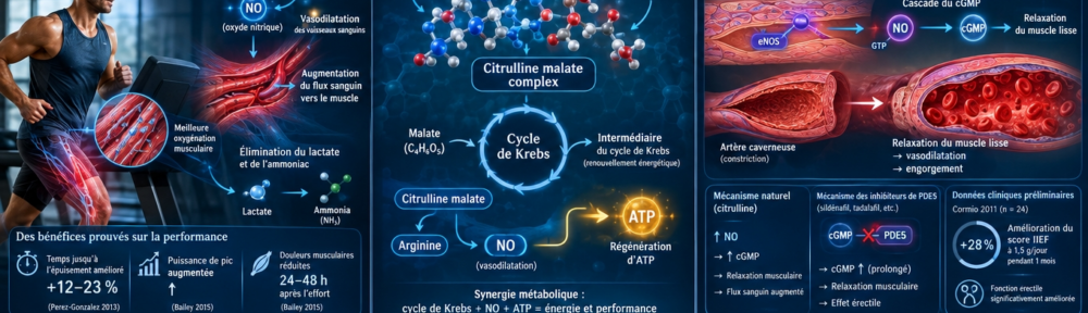 infographie split‑screen cinéma sur fond cobalt‑teal profond. Panneau gauche – Endurance : athlète sur tapis de course, oxymètre de pouls sur le front, saturation musculaire augmentée, flèches de vasodilatation NO‑induite augmentant le débit sanguin vers le muscle squelettique ; clarification de l'ammoniac lactique par la voie ornithine‑urée lors d'efforts prolongés, courbe de fatigue retardée ; chiffres clés : ↑ temps jusqu'à épuisement 12‑23 %, ↓ douleurs musculaires 24‑48 h post‑effort, ↑ pic de puissance W_max (Pérez‑González 2013 : n=7, 6 g/j × 7 jours) et ↑ VO₂max 7‑8 % (Bailey 2015 : 6 g × 14 j). Panneau central – Citrulline malate : représentation du complexe 2:1 citrulline:malate, molécule d'acide malique (C₄H₆O₅), pénètre dans le cycle de Krebs (intermédiaire clé du métabolisme oxydatif), régénération mitochondriale d'ATP synergique avec le bénéfice NO, aide à l'élimination du lactate. Panneau droit – Fonction érectile : coupe du corps caverneux avec artère caverneuse dilatée, relaxation des fibres musculaires lisses via cascade eNOS → NO → sGC → cGMP → PKG → ↓ Ca²⁺ ; comparaison des mécanismes avec les inhibiteurs de PDE5 (sildénafil, tadalafil) qui bloquent la dégradation du cGMP ; données cliniques préliminaires Cormio 2011 (n=24, 1,5 g/j × 1 mois) : ↑ score IIEF 28 %, amélioration de la rigidité distale et du délai d'érection. Bandeau bas – Cardiovasculaire : coupe d'artère saine avec SBP ‑4 à ‑7 mmHg Figueroa 2010 (méta‑analyse, n=434, pré‑HTAS), bénéfice supplémentaire chez patients insuffisants cardiovasculaires.