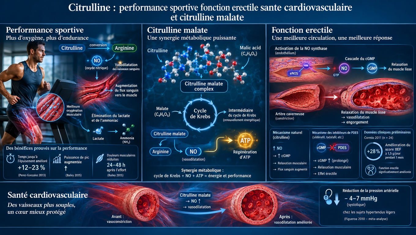 Triple sphère d'action – endurance musculaire, fonction érectile masculine, santé cardiovasculaire, avec la synergie citrulline‑malate.