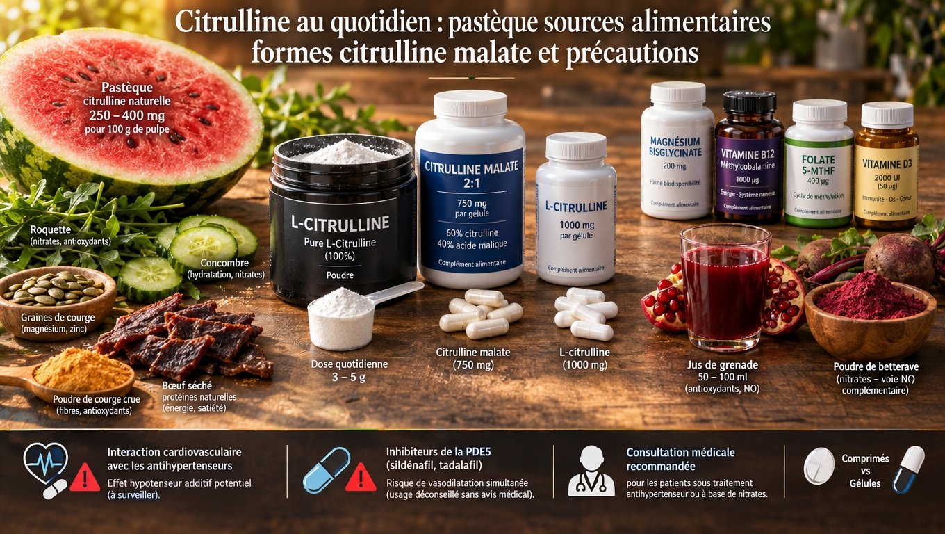  Panorama pratique : sources naturelles (pastèque), formes (citrulline + citrate de malate HCl), posologies 3‑6 g/jour et précautions face aux anti‑hypertenceurs et dérivés nitriques.