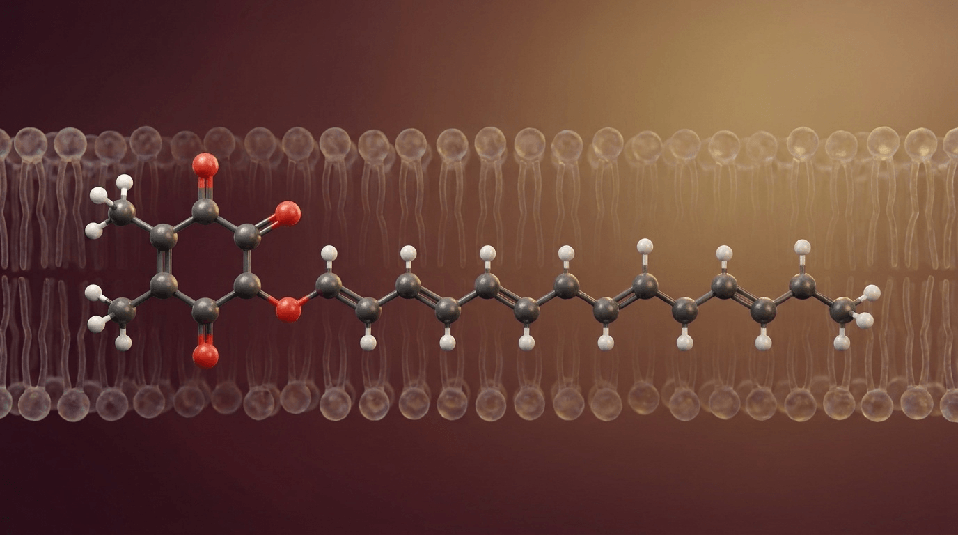 Représentation chimique ultra-détaillée de la CoQ10 illustrant sa double nature liposoluble (chaîne isoprénoïde) et fonctionnelle (cycle benzoquinone), à l'origine de son rôle central dans la bioénergétique cellulaire.