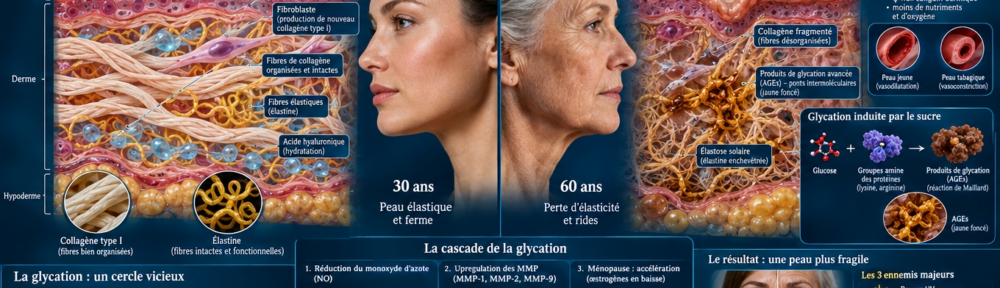 infographie split‑screen cinématographique. Panneau gauche – Peau jeune : coupe histologique de derme de peau saine (30 ans) montrant faisceaux épais et compacts de collagène de type I couleur crème, fibres élastiques correctement spiralées en cyan, fibroblastes étoilés actifs sécrétant du collagène, acide hyaluronique lubrifiant reflétant la lumière, surface cutanée lisse et tendue. Panneau droit – Peau vieillie (60 ans) : fibres de collagène fragmentées et désorganisées, produits terminaux de glycation avancée (AGE) jaune d'ambre formant des ponts inter‑fibrillaires rigides ; élastose solaire dépôt de fibres élastiques enchevêtrées anormales ; rides profondes ; MMP‑1, MMP‑2, MMP‑9 surexprimés en réponse à l'inflammation chronique ; ménopause ↓ œstrogènes ⇒ ↓ synthèse collagène (≈ ‑30 % en 5 ans post‑ménopause). Centre : cascade glycation illustrée – molécule de glucose (bleue) se liant au groupe amin ε de la lysine, réaction de Maillard → bases de Schiff → produits d'Amadori → AGE CML/Pentosidine ; effet sur NO endothélial (↓ vasodilatation) ; comparaison face profilée 30 ans / 60 ans rendue visible. Insertion tabagisme : nicotine ⇒ vasoconstriction cutanée (vaisseaux rétrécis) → ↓ apport en O₂ et nutriments ; composants de fumée génèrent des ROS. Insertion UV : spectres UVA/UVB montrant altérations de fibres dermiques et reconstruction désorganisée.