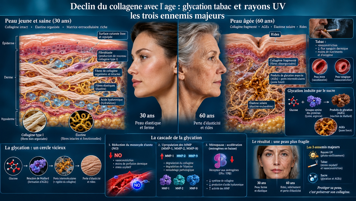 Comparaison peau jeune vs peau vieillie – déséquilibre entre la destruction et la synthèse du collagène (glycation, tabac, UV,opause, MMP).