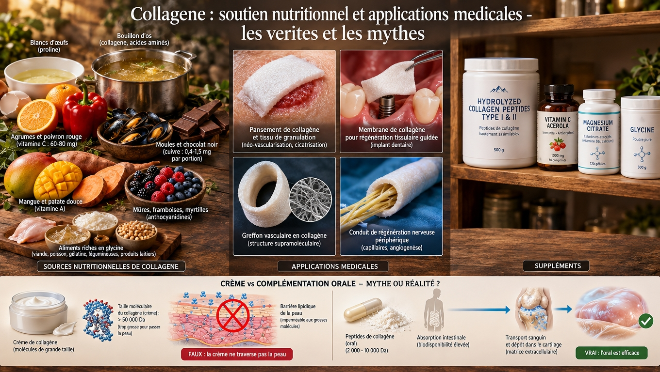 Soutien nutritionnel (proline, vit C, cuivre, polyphénols), usages médicaux (RTG, nerve, vasculaire), et vérité sur l'efficacité – colique pour la crème, peptides pour la voie orale.