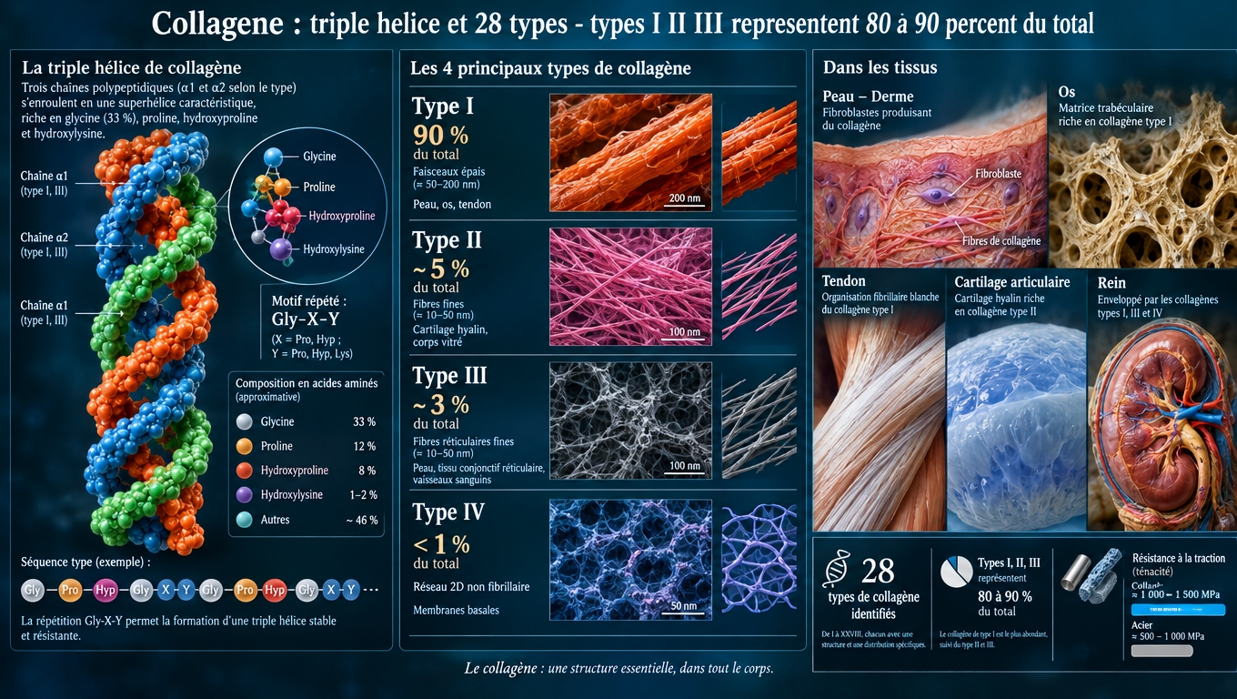 Vue moléculaire de la triple hélice (glycine‑proline‑hydroxyproline) et cartographie des principaux types (I‑II‑III) au sein des tissus.