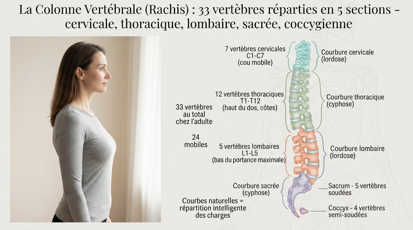 33 vertèbres en 5 sections, 24 mobiles + 9 soudées, disques intervertébraux amortisseurs, courbures naturelles 2× plus résistantes qu'une colonne droite.