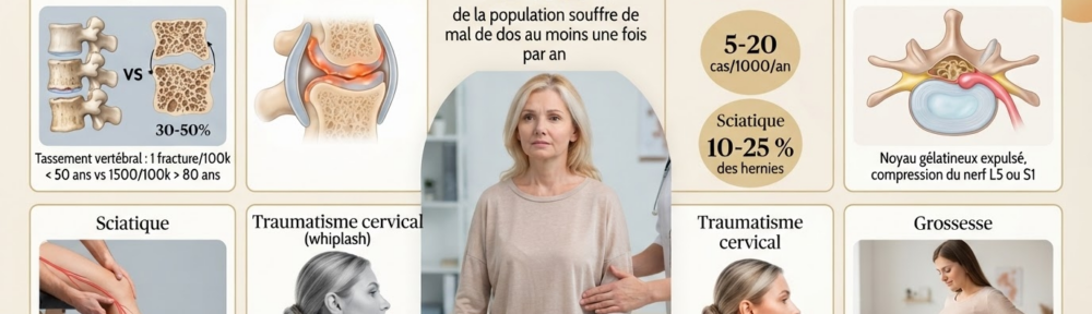 Photographie documentaire ultra-réaliste d'une femme de 50 ans en traitement chez le kinésithérapeute, palpation lombaire par un praticien hors champ, sur table d'examen crème ; autour, six panneaux éditoriaux en grille 2 × 3 avec photographies et illustrations médicales légendées en français : 1) Ostéoporose — comparaison vertèbre saine vs ostéoporotique (perte trabéculaire 30–50 %), texte « Tassement vertébral : 1/100 k < 50 ans vs 1 500/100 k > 80 ans » ; 2) Arthrose facettaire — articulation facettaire avec cartilage usé orange-rouge ; 3) Hernie discale — coupe transversale expulsant le noyau vers le nerf sciatique en rouge (L5/S1) ; 4) Sciatique — palpation tracée du trajet du nerf sciatique fesse → mollet → pied ; 5) Traumatisme cervical — flexion-extension violente (whiplash, accident voiture) avec zone inflammatoire rouge ; 6) Grossesse — photographie authentique d'une femme enceinte au 7ᵉ mois en hyperlordose compensatoire, robe maternité beige douce, main soutenant le bas-ventre. Statistiques : hernie discale 5–20 cas/1 000/an, sciatique ≈ 10–25 % des hernies, ostéoporose 30 % chez femmes > 65 ans, lombalgie de grossesse 50–70 % au 3ᵉ trimestre.