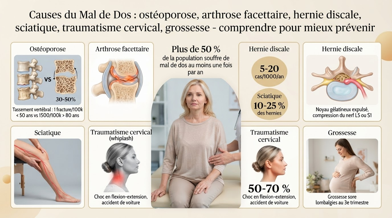 Ostéoporose (30 % après 65 ans), hernie discale (5–20/1 000/an), sciatique (10–25 %), whiplash, arthrose facettaire, grossesse (50–70 % au 3ᵉ trimestre) — six causes à comprendre.