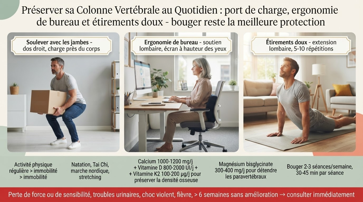 Soulever avec les jambes, ergonomie de bureau, étirements doux ; bouger 2–3 × 30–45 min/sem ; calcium + D + K2 et magnésium associés ; consulter dès qu'apparaît un drapeau rouge.