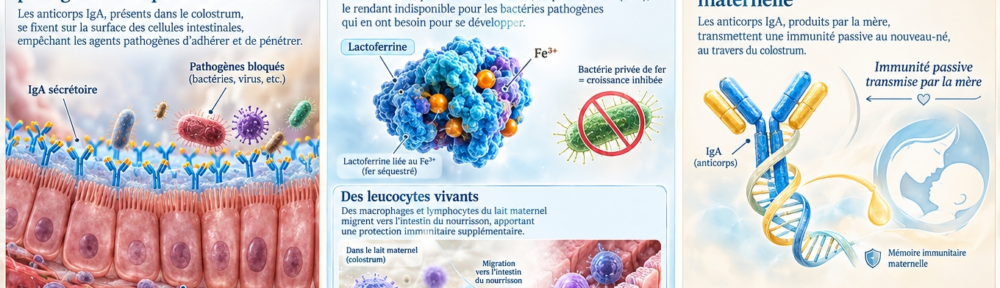 infographie médicale sur fond crème pastel et bleu bébé ; panneau gauche montrant une muqueuse intestinale magnifiée tapissée d'immunoglobulines A sécrétoires formant une couche protectrice contre les agents pathogènes ; panneau central illustrant la protéine lactoferrine chélatant un ion ferrique (Fe³⁺) avec insertion de leucocytes vivants (macrophages, lymphocytes) migrant du lait maternel vers l'organisme du nourrisson ; panneau droit représentation stylisée de la mémoire immunitaire maternelle avec anticorps en Y (IgA, IgG) ; bandeau bas 'Protection temporaire, en attendant l'immunité propre du nourrisson'.