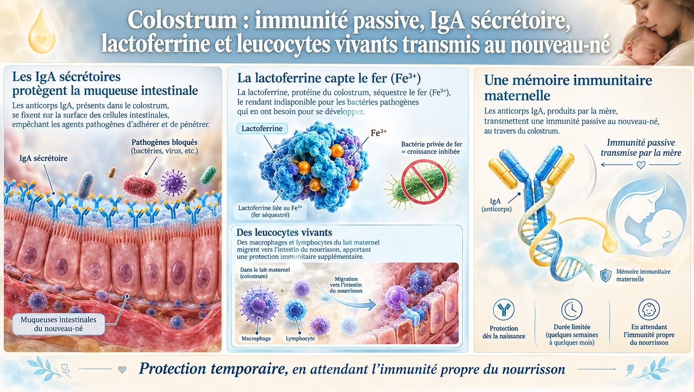 muqueuse tapissée d'IgA, lactoferrine séquestrant le fer, leucocytes maternels migrant — trois mécanismes de l'immunité passive transmis au nouveau-né par le colostrum.