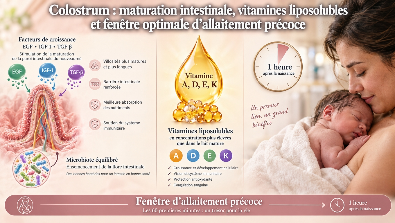facteurs de croissance, vitamines liposolubles et mise au sein dans l'heure — le colostrum accompagne la maturation intestinale du nouveau-né tout en activant une fenêtre biologique unique.