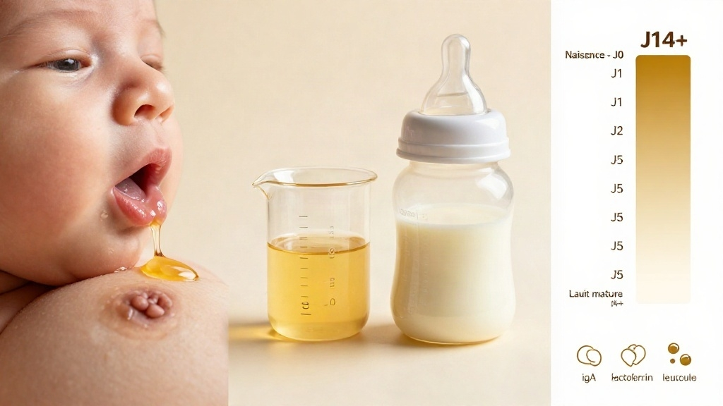 nouveau-né au sein, bécher de colostrum jaune-doré et biberon de lait mature — le premier lait est plus épais, plus riche en anticorps, et conçu pour les tout premiers jours de vie.