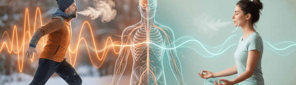 Infographie comparative hyperréaliste juxtaposant la méthode Wim Hof (respiration intense à gauche) et la cohérence cardiaque (respiration apaisée à droite), avec le système nerveux autonome comme pont central.
