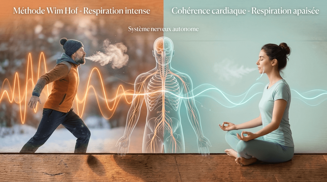 Composition comparative en split-screen présentant les deux pratiques de manière équilibrée, avec étiquettes françaises et visualisation du système nerveux autonome comme élément commun.