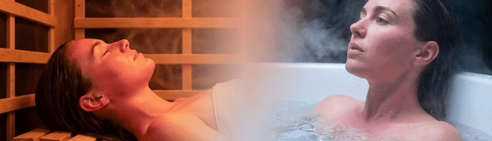 Composition hyperréaliste split-screen illustrant le contraste thermique entre sauna infrarouge chaud et bain froid, deux pratiques complémentaires partageant le même principe biologique d'hormèse.