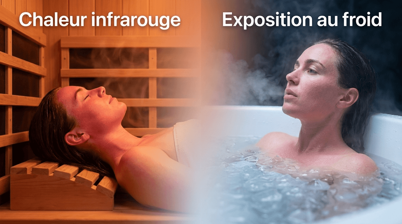 Comparaison visuelle en deux scènes illustrant le principe de contraste thermique, où chaleur infrarouge et froid contrôlé convergent autour du même mécanisme d'adaptation hormétique.