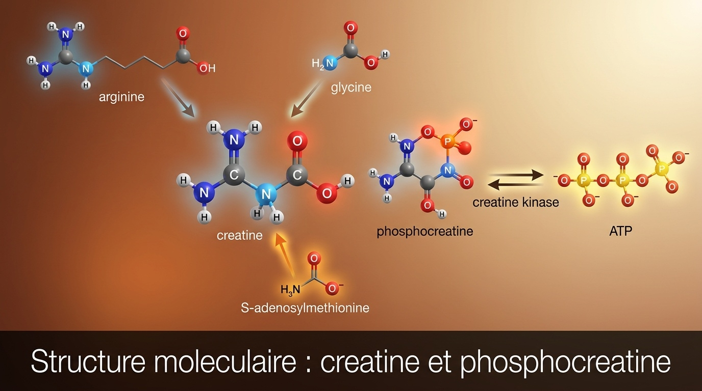 Représentation scientifique détaillée de la créatine et de sa forme phosphorylée phosphocréatine, accompagnée de ses trois précurseurs biosynthétiques (arginine, glycine, S-adénosylméthionine comme donneur de méthyle) et de l'ATP, illustrant la chaîne métabolique du système énergétique phosphocréatine.