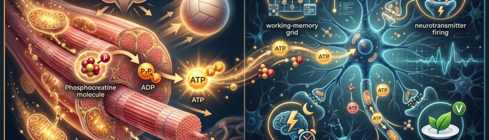 Illustration médicale infographique hyper-réaliste du double rôle de la créatine : à gauche, muscle squelettique avec mitochondries et réaction phosphocréatine → ATP lors d'un effort bref intense ; à droite, cerveau avec neurone pyramidal, mitochondries synaptiques et shuttle créatine-phosphocréatine soutenant mémoire de travail et résistance cognitive.